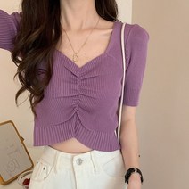 지9차이나 단색 브이넥 실크 반팔 탑 티셔츠