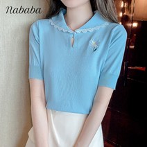 나바바 NK1247 여성 러블리 산뜻 플라워 자수 카라 반팔 니트티