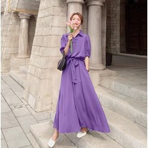 여름 여성 러블리한 A라인 기본핏 무지 반팔 롱 쉬폰 셔츠 원피스 여신룩 빅사이즈 77 88