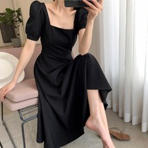 Modlauna 여름 2022 새로운 스퀘어 칼라 프랑스 복고풍 헵번 스타일 블랙 원피스