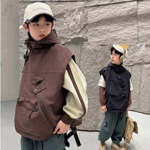  JUNIOR 후드 루즈핏 블랙칸 사선 지퍼 베스트 조끼 남아 아동 주니어 초등학생 중학생 고학년 등원룩 가을