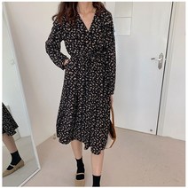 맨드리 브이넥 플라워 쉬폰 허리끈 롱 원피스