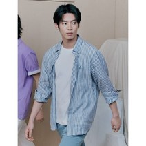 BEAN POLE 슬림 블루 리넨 스트라이프 셔츠 236408