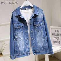 JUST FEEL!NG 자수 레터링 데님 자켓 캐주얼 와이드 빈티지 청자켓 루즈핏 재킷 간절이 점퍼