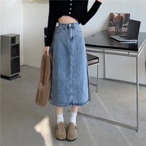 데님스커트 블루 트임 여성 봄계절 가을 2022 하프기장 A라인 하이웨이스트 날씬해 보이는 힙랩 3875083339