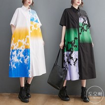 도오빠 여성 롱 셔츠 원피스 반팔 남방 나염 프린팅 스트라이프 통원피스 여자롱원피스