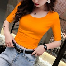 이너긴팔티 블랙 로우 칼라 미들 소매 여성 이너티셔츠 이너웨어 봄가을 크롭 숏 5부 스키니핏 상의 트렌드 4071911743