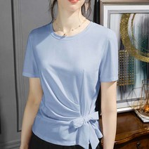 데일로엔 여성용 라운드넥 셔링 왕 리본 반팔티셔츠