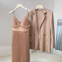 미니멈 원피스 투피스형원피스 하객 상견례 여성 블레이저 피스 정장 재킷 코트 탑과 투피스 세트 복장 여성 쥬시 드레스 레이디 격자 무늬 의류