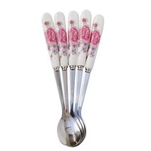 진스온 양식 커트러리 스테인레스 스틸 세라믹 핸들 티 스푼 크리에이티브 커피 꿀 디저트 아이스크림 작은 티스푼 세트당 개, 2.5pcs Peony