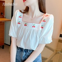 나바바 NB828 여성 로맨틱 체리 스퀘어넥 반팔 블라우스