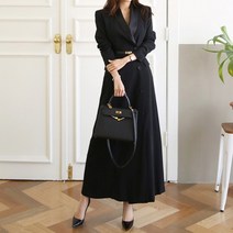 [Myshe]럭셔리 오피스룩 블랙 롱 자켓 더블버튼 자켓원피스 드레스 간절기 여자 하객룩 하객원피스 JJ0218