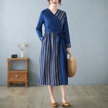 Yanda 여성 빅사이즈 브이넥 배색 스트라이프 린넨 긴팔 롱원피스