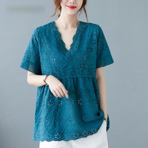퀸앤조이 미녀77 펀칭 아일렛 브이넥 반팔 블라우스