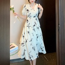 잇츠스타일 여성 브이넥 크림 화이트 베이직 플라워 우아한 반팔 슬림핏 롱원피스