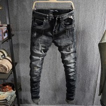 남자 명품 청바지 남자 흑청바지 유럽 ​​스트리트 패션 남성 청바지 레트로 블랙 그레이 탄성 슬림 피트 찢어진 청바지 남성 빈티지 디자이너 스크래치 캐주얼 데님 바지