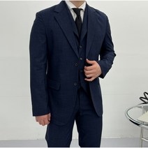 남자 네이비 체크 데미지 정장세트 쓰리피스 수트 양복 (S-2XL)