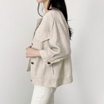 마롱패션 노 카라 버튼 부 린넨 여성 자켓 아우터 베이지 청록