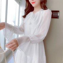 브이넥쉬폰원피스 화이트 긴소매 이너 신선 여신 무드 봄가을 계절 작은 키 셀럽 2338120013