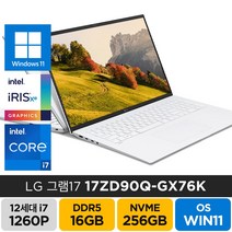 LG전자 2022년형 그램 17인치 17ZD90Q-GX76K 인텔 i7-1260P 윈도우11, WIN11 Pro, 16GB, 256GB, 코어i7, 화이트