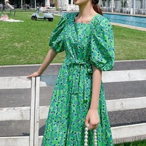 잇츠스타일 빈티지 그린 플라워 퍼프 소매 여름 원피스 110722