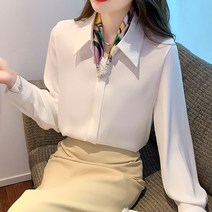 고급 하이 엔드 화이트 셔츠 여성 2023 봄 새 새틴 쉬폰 셔츠 전문 기질 작은 셔츠 긴팔 탑 블라우스