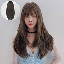 Routop 여성 가발 긴발 잔머리 디자인 머리둘레 조절 가능 무광 머릿결 가발망 거치대 세트 헤어핀 빗 포함 65CM, 흑갈색