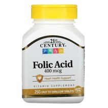 21st Century 엽산 400mcg 삼키기 쉬운 정제 250정, 250 Count, 250개