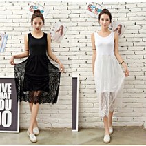 NestST여성 스러운 밑단 레이스 민소매 롱 치마 원피스 플레어 롱원피스 브이넥 미디 스커트 카라