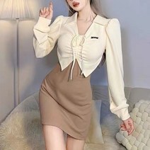 블링앤수 여성 슬림핏 셔링 니트 배색 미니 원피스 KZZ712