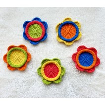 뜨개 털실 컬러플 꽃 6꽃잎 홈카페 캠핑 감성 선물용 컵받침 티매트 티코스터 홀더 소품수납 플레이트, 레드
