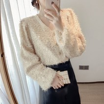 여자루즈핏남방 봄가을 스타일리쉬 태슬 상의 브이넥 와이드 핏아우터 슬림핏 깃털 글리터 버블 소매 고급 4784543826