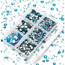 AD Beads 4300피스 플랫 백 네일 아트 라인스톤 라운드 비즈 6가지 사이즈 (26.5mm) 보관 정리함 상자 포함 폰 장식 공예 DIY용 피킹 펜 (혼합 색상) 441, Blue Zircon