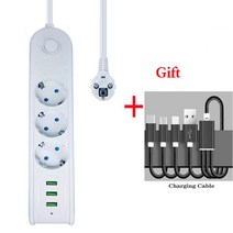 멀티탭EU 소켓 250V 16A 2500W 3 USB 충전 전화 4/3 콘센트 전원 스트립 집 전압 보호, 01 250 볼트_01 white_01 EU, 06 model 2 with cable