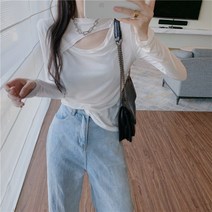 스트프긴팔티 매너 펀칭 롱슬리브티 여성 슬림 얇은 솔리드 이너 쇄골 노출 상의 4811073307