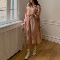 로로텐 플리츠 숄카라 브이넥 롱 원피스 셔링 A라인 빅사이즈