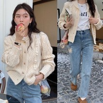데일리룩 원색소녀 소프트 찹쌀 인형 칼라 중공업 물결 꽈배기 메탈 버튼 루즈핏 가디건 코트 여성스러운 루즈
