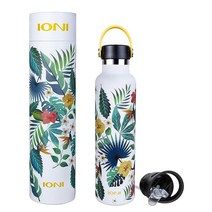 IONI 여성용 물병 709.8ml(24온스) - 디자이너 물병 화이트 트로피컬 아트 - BPA 프리 스테인리스 스틸 단열 누출 방지 보온병 - 슬림 물병 - 빨대와 손잡이가 있는