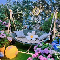 테라스 인테리어 흔들 감성 그네 의자 마당 펜션 라탄 원목 나무 전원 주택, 블루/배게 세트
