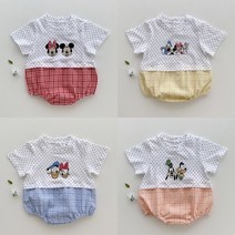 콩알옹알 디즈니 패밀리 여름 반팔 슈트 50일 100일 돌 신생아 아기 도트 체크 바디슈트