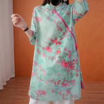 DAPANDA 중국식 빈티지 사선 면마 셔츠 여 2021 여름 루즈핏 라지 칠부 소매 플라워 끈 리넨 톱