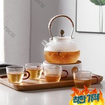 플라워차 중국 일본 유리 주전자 찻잔 술잔 다기 다도 (), 유리주전자+찻잔4개+쟁반+가열받침대+캔들