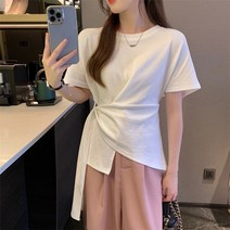 잇츠스타일 여성 라운드넥 슬림핏 유니크 꼬임 스트랩 반팔 티셔츠