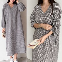 러브포텐 여성 루즈핏 브이넥 롱원피스 체크무늬 퍼프소매 롱 원피스 빅사이즈 간절기 V넥라인 옆트임 롱 원피스 체크원피스