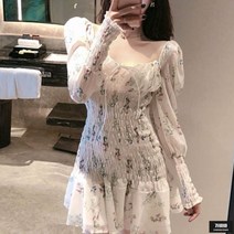 가바바 여성 원피스 로맨틱한 스퀘어넥 프릴 스모크밴딩 플라워 쉬폰 미니원피스 G49565