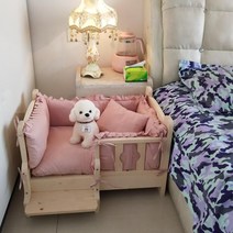 강아지 원목 침대 소형견 원목침대 하우스 해먹 애완견 반려견 나무 집 쇼파 베드 수면 쿠션, E. 침대와회색및흰색줄무늬침구