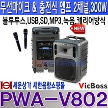 VICBOSS PWA-V802 300W 충전용앰프 2채널 무선마이크 블루투스 USB SD 녹음 싸이렌 충전식 무선마이크 버스킹 강의 행사 교회 학교 사찰 군부대 안전교육등, 핸드마이크+핀마이크