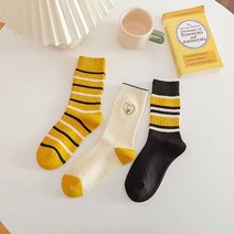워더미 여자 학생용 비비드 옐로우 블랙 라인 중목 양말 3켤레 W637