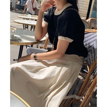 런던레이스 퍼프 배색 반팔니트 소개팅데이트룩 오피스하객룩