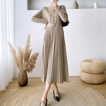 나인포시즌 샤링 결혼식 하객룩 벨트 플리츠 주름 A라인 롱 플레어 니트 원피스 10월 가을 11월 겨울